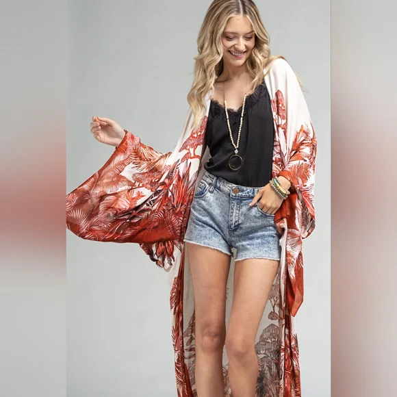 Stunning Kimono w/ Detailed Exotic Japanese Plants & Bonsai Tree Print - Picture 8 of 11